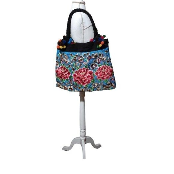 Unbranded Women's Canvas Embroidered Blue Multicolor Floral Ethnic Boho Bag Tote - Picture 2 of 7
